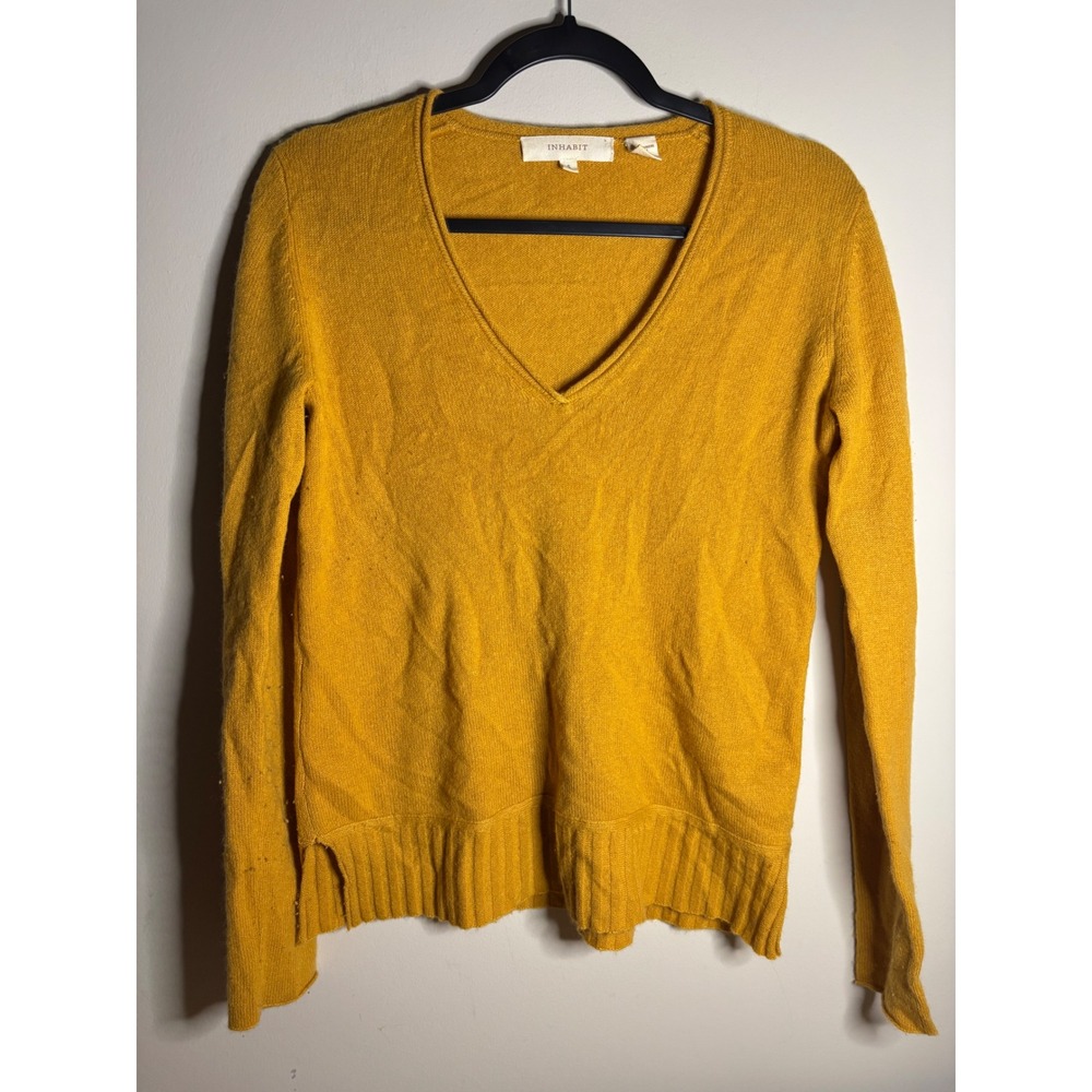 Inhabit Womens V Neck Sweater Small S Pullover Knit Ribbed Hem Gold Mustard